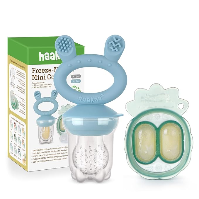 Haakaa Baby Fruit Food Feeder & Mini Freezer Nibble Tray Combo, Breastmilk Popsicle Molds for Baby Cooling Relief, BPA Free Silicone Feeder for Safe Infant Self Feeding, 4 Month+ (Sky Blue)