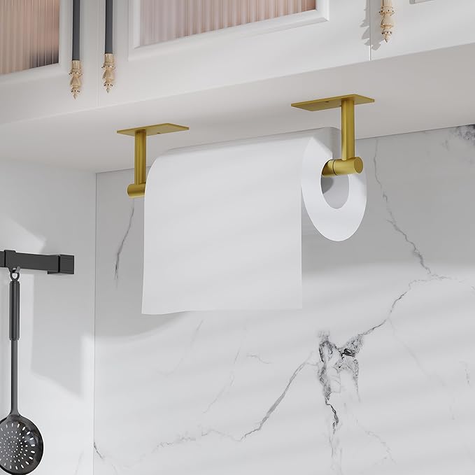 Ruacq Brushed Gold Paper Towel Holder Double Post Pivoting Square Base Under Cabinet Paper Towel Holder for Kitchen Self-Adhesive or Drill mounting