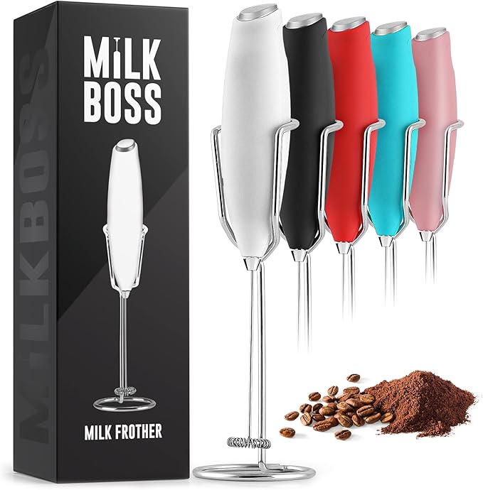 Milk Boss Matcha Whisk - Handheld Electric Stirrer - Frother Wand & Drink Mixer - Durable Stainless Steel - White Ultra Stand
