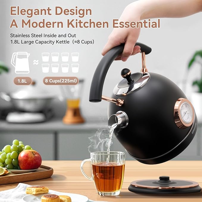 Rasonic Classic Retro Electric Kettle, 1.8L Stainless Steel, 1500W Fast Quiet Boiling, Temperature Gauge, LED Light, Auto Shut-Off, Home & Office Use - Matt Finish Black and Rose Gold