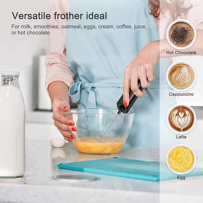 Powerful Electric Milk Frother, Battery Operated Drink Blender, Foam Maker Mixer, Milk Frother Handled for Coffee, Latte, Matcha, Protein Powder (Black)