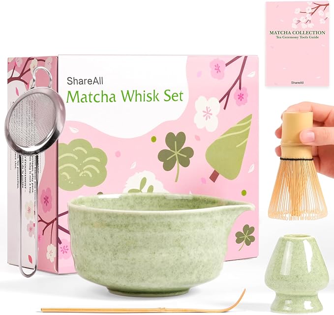 Matcha Whisk Set - 5Pcs Japanese Tea Set Includes Matcha Bowl with Spout, Bamboo Whisk with Holder, Scoop & Sifter, Essential Matcha Kit for Tea Ceremony, Gift for Beginners (Speckled Green)