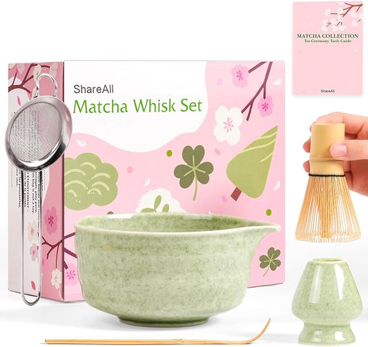 Matcha Whisk Set - 5Pcs Japanese Tea Set Includes Matcha Bowl with Spout, Bamboo Whisk with Holder, Scoop & Sifter, Essential Matcha Kit for Tea Ceremony, Gift for Beginners (Speckled Green)