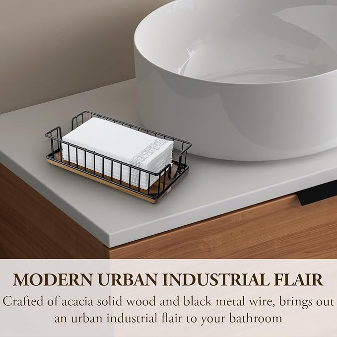 MyGift Modern Metal Wire Bathroom Paper Hand Towel Holder in Brass Tone Finish, Guest Bathroom Countertop Vanity Disposable Folded Trifold, C-fold, (Wood)