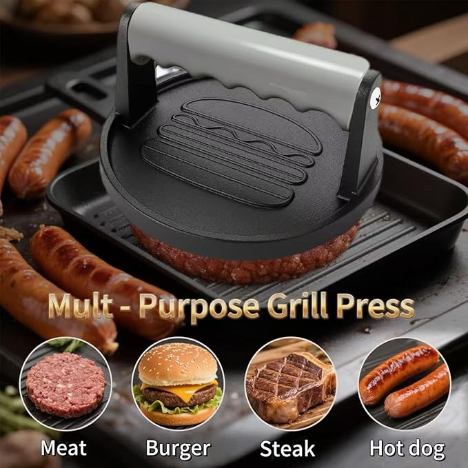 Smash Burger Press 6.7-Inch Round Cast Iron Grill Press with Ergonomic Silicone Handle – Heavy-Duty Bacon with Unique Burger Design for Even Grilling
