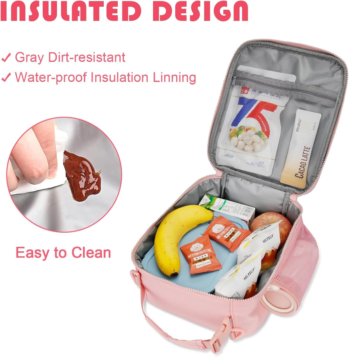 Initial Insulated Lunch Bag for Girls Kids, Back to School Gift, Reusable Leak-proof Lunch Box with Adjustable Strap for School Daycare Travel Picnic (Pink,W)