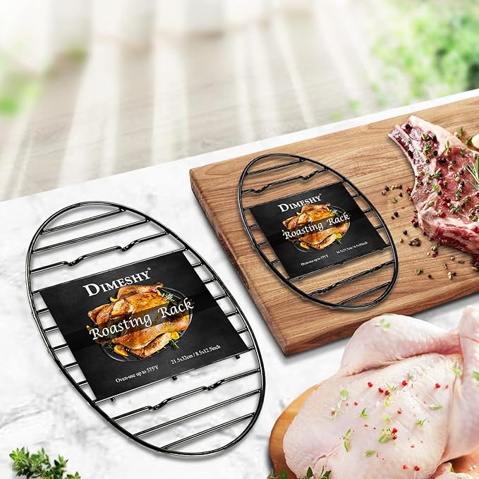 Roasting Rack, Black with Integrated Feet, Enamel Finished, Nonstick, fit for 13 inches oval roasting pan, safety, dishwasher, Great for Basting, Cooking, Drying, Cooling rack.(10”x 6.5”)