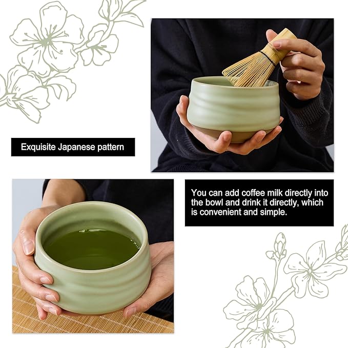 Sisher Matcha Whisk Set,Matcha Set Whisk and Bowl,Japanese Tea Set (5pcs) Includes Matcha Bowl, Matcha Whisk and Holder, Bamboo Scoop, Scoop Rest and Sifter Matcha kit for Matcha Lovers (Green)