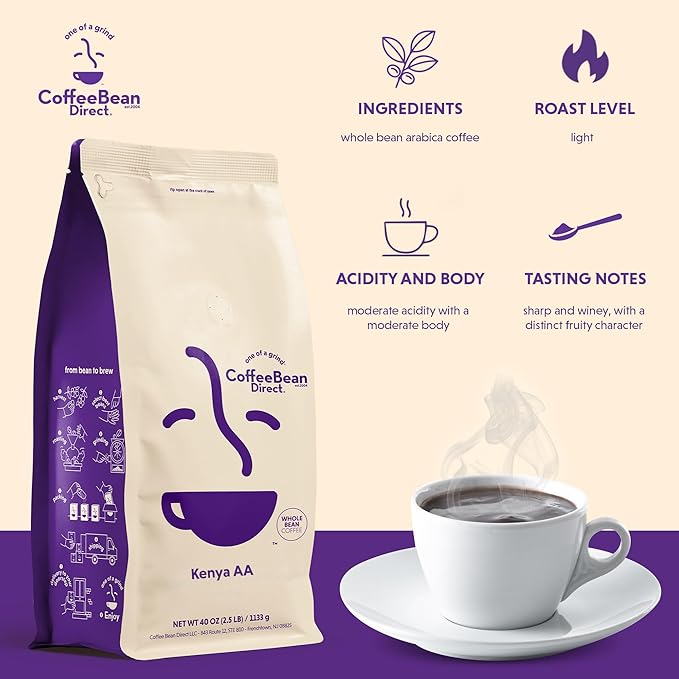 Coffee Bean Direct Kenya AA, Whole Bean Coffee, Light Roast, 2.5 Pound Bag (Pack of 1)