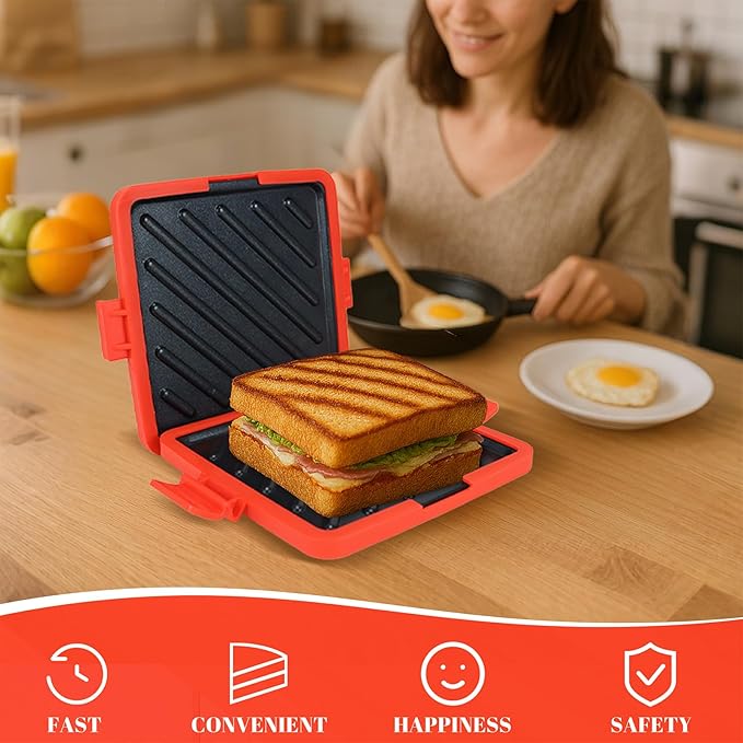 Microwave Sandwich Maker - Microwave Toastie Sandwich Maker，3-in-1 Toastie Panini Press with Dishwasher Safe Design No Electricity Needed Fast Cooking for Travel Friendly/Office/Home(Red)