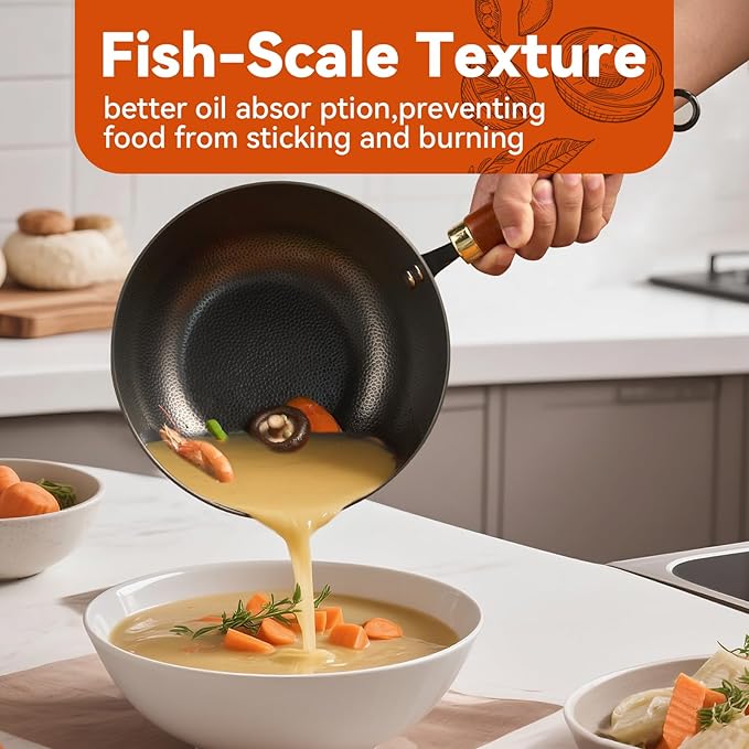 WANGYUANJI 8.7" Small Iron Wok with Solid Wood Lid & Wok Spatula, Deep Frying Pan/Pot, Flat-Bottom, Uncoated & Unseasoned, Induction/Gas/Electric Compatible, Wooden Handle, 2.2-QT