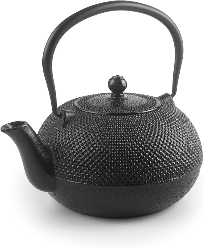 IBILI 40 Oz Cast Iron Teapot with Infuser | Made in Spain | Hammered Texture, Enameled Interior, Stovetop & Induction Compatible, Japanese Kettle for Loose Leaf Tea, Tetsubin Design, Black