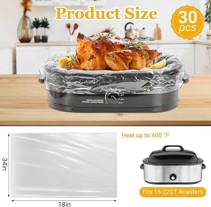30 Count Electric Roaster Liners, Fits 16, 18, 22 Quart Roasters, Roaster Pan Oven Liners Plastic Cooking Bags for Instant Cleanup, 18 x 34 Inch