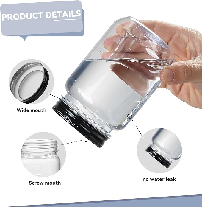 novelinks 16 oz Clear Plastic Jars with Screw-On Lids - BPA-Free Refillable Storage Containers for Slime, Food, Crafts, Kitchen & Household Use (24 Pack,Black)