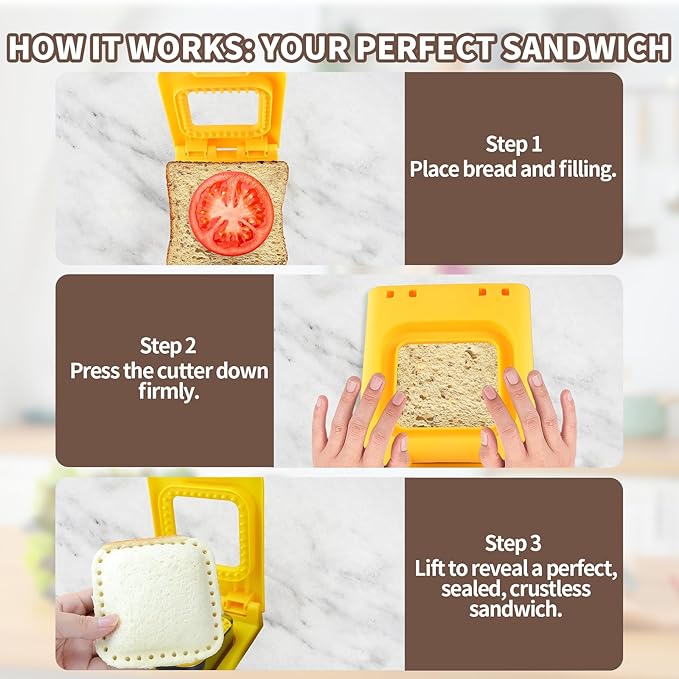 Uncrustable Sandwich Maker Sandwich Cutter and Sealer 2-in-1, Square and Round Crustless Sandwich Maker for Lunch, Picnic, School, Fast Healthy Snacks (Yellow & Green)