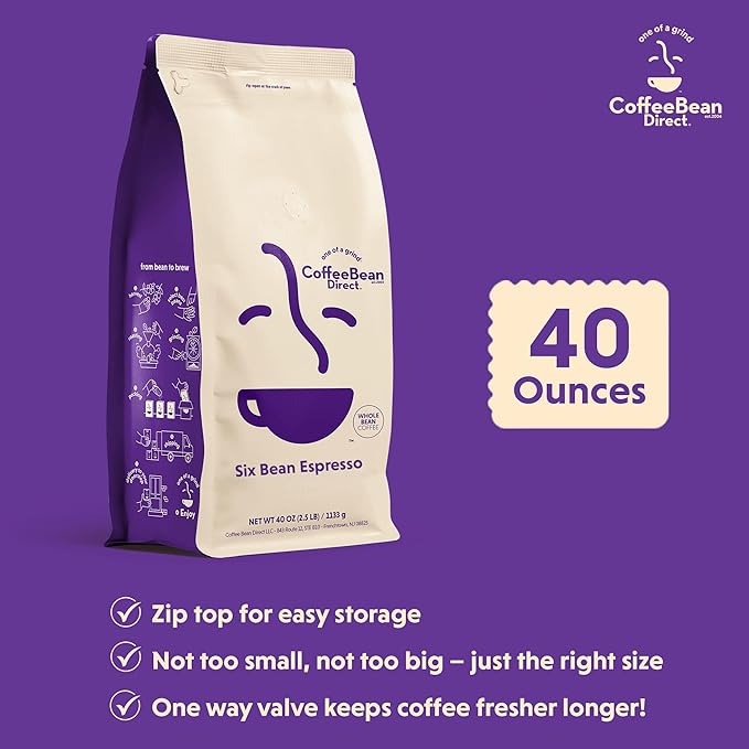Coffee Bean Direct Six Bean Espresso, Whole Bean Coffee, Dark Roast, 2.5 Pound Bag (Pack of 1)