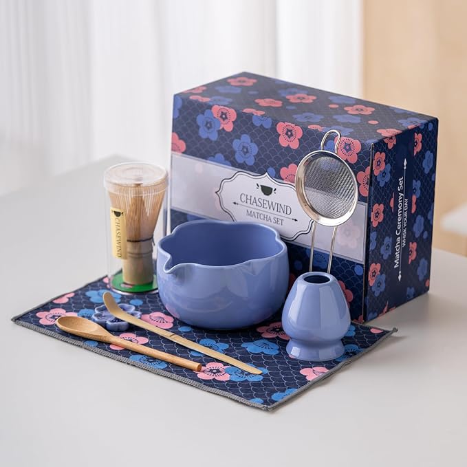 Matcha Set, 8Pcs Floral Ceramic Matcha Set with Matcha Whisk, Holder, Scoop, Scoop Rest, Sifter, Spoon and Tea Towel - Thoughtful Matcha Whisk Set Gift for Matcha Lovers (Blue)