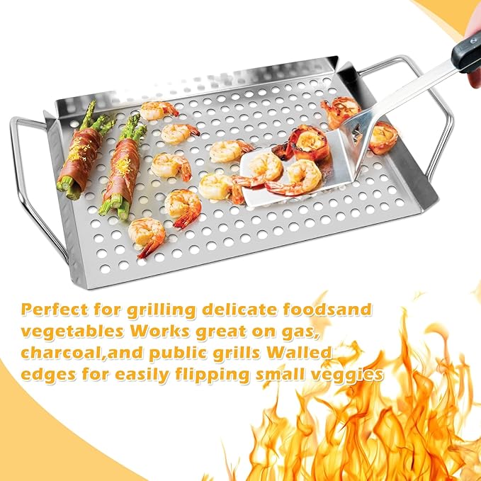 11 x 7 Inch Nonstick Grill Tray with Handles,Perforated Stainless Steel Grill Pans for Outdoor Grill,Heavy Duty Grilling Accessories for Charcoal/Gas Grills,Easy to Use and Clean