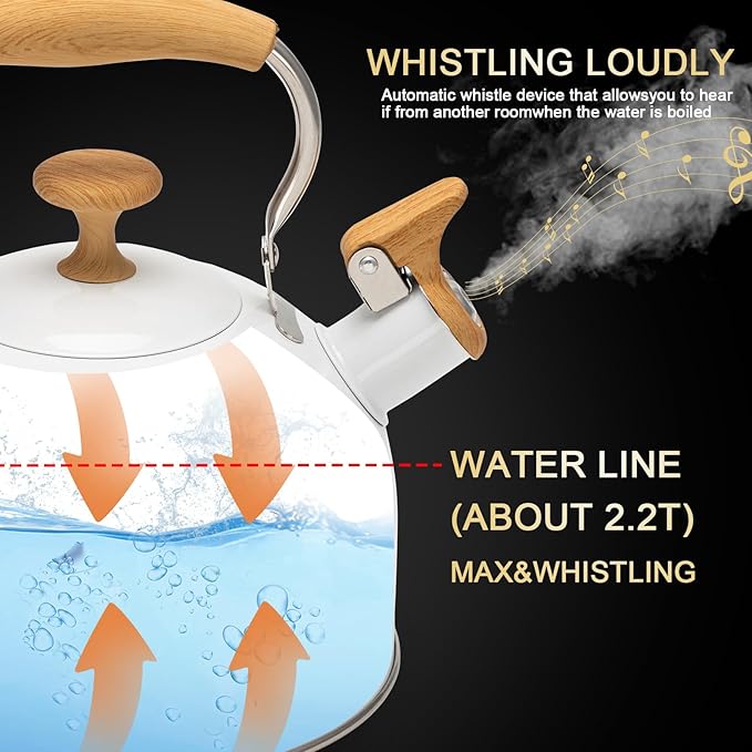 Tea Kettle, 304 Stainless Steel Whistling Tea Kettle,2.5 Quart/2.4L Stovetop Tea pot for Induction & Gas Stove with Ergonomic Folding Handle, Loud Whistle for Tea, Coffee, Milk - Milk White