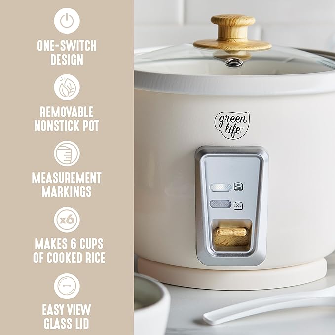 GreenLife Electric Rice Cooker, 3-Cups Uncooked/6-Cups Cooked, Removable PFAS-Free Nonstick Pot, One-Switch Design, Auto Keep Warm, Small Space Saving, Rice Paddle, Soup, Grains, Oatmeal, 1.5 QT, Cream