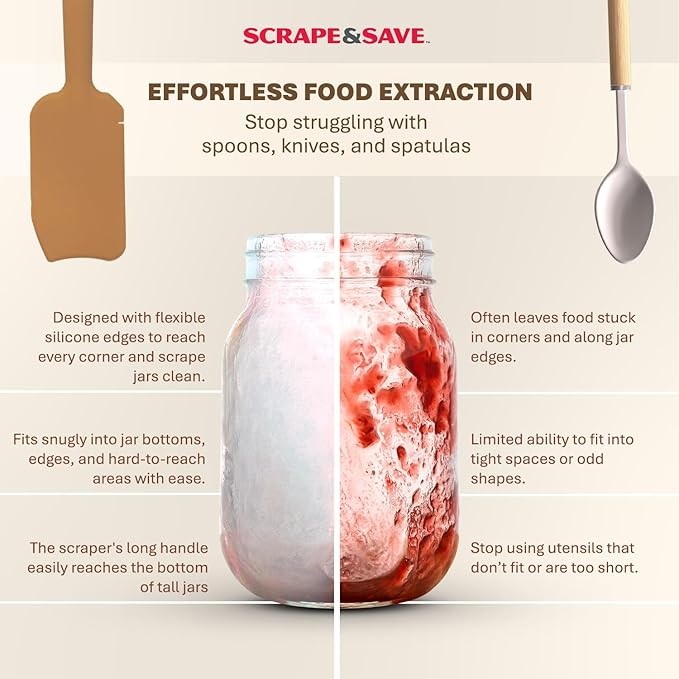 TWO Food Saving, Fast Kitchen Scrapers that Get ALL Food Out of Cans and Jars, esp. corners and bottoms. For peanut butter, mayonnaise, tomato paste, purées, etc. Dishwasher-safe. (Sand/Coral)
