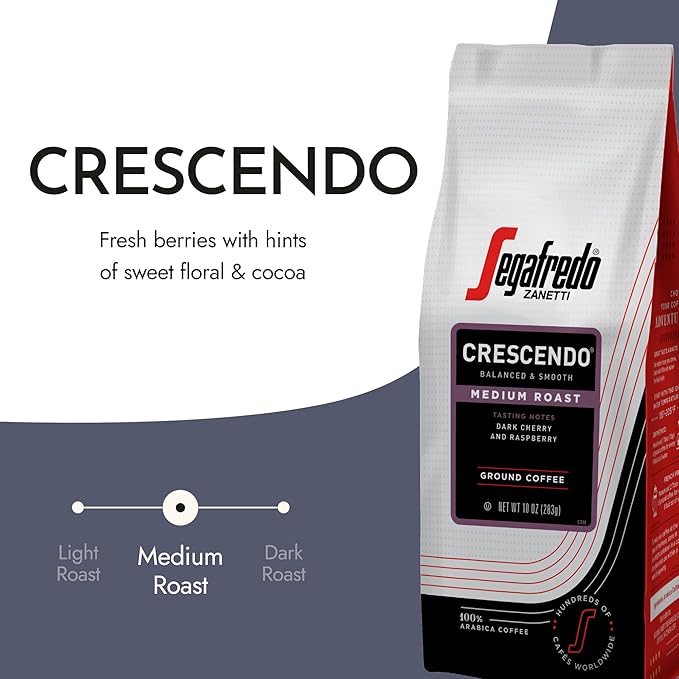 Segafredo Zanetti Ground Coffee – Made with Arabica Coffee – Medium Roast, Aroma of Fresh Berries, Hints of Sweet Floral & Cocoa – Smooth, Medium-Bodied – Crescendo, 10oz Bag