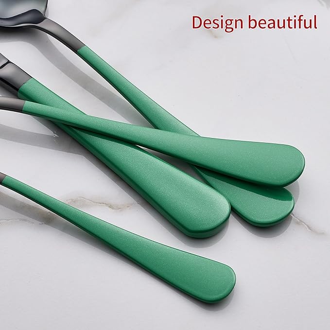 20-Piece Green Silverware Set - 18/0 Stainless Steel, Black Silverware Set With Green Handles - Dinner Knives, Forks, Spoons - Dishwasher Safe
