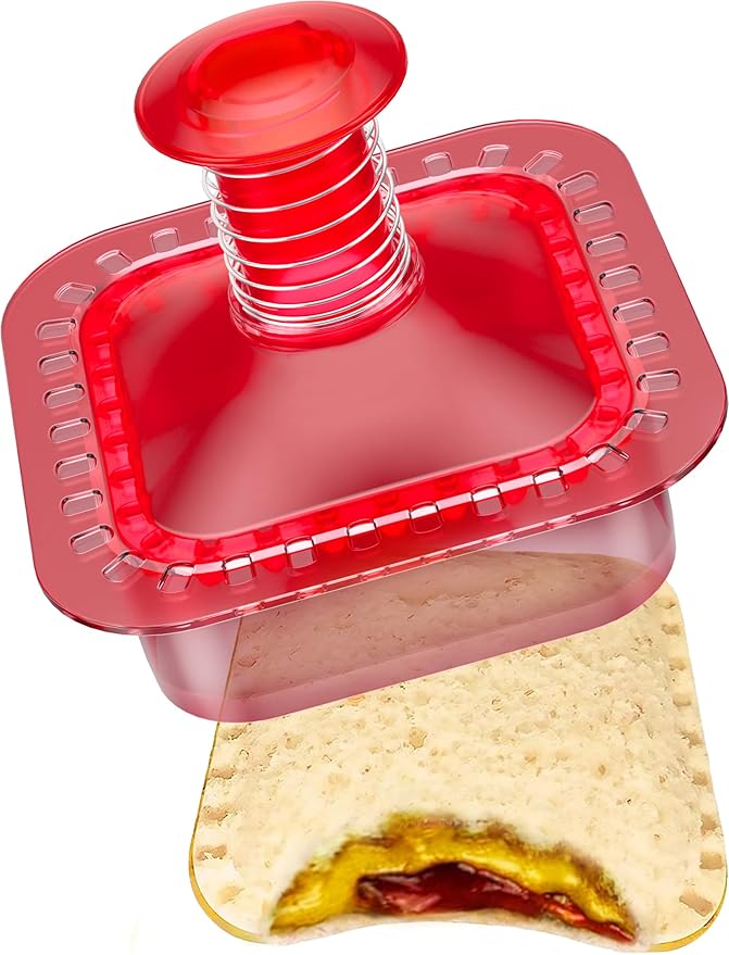 Sandwich Cutter and Sealer Cut and Seal Sandwich Maker, Crustless Peanut Butter & Jelly Sandwich Cookie Cutter (Translucent Red Square)