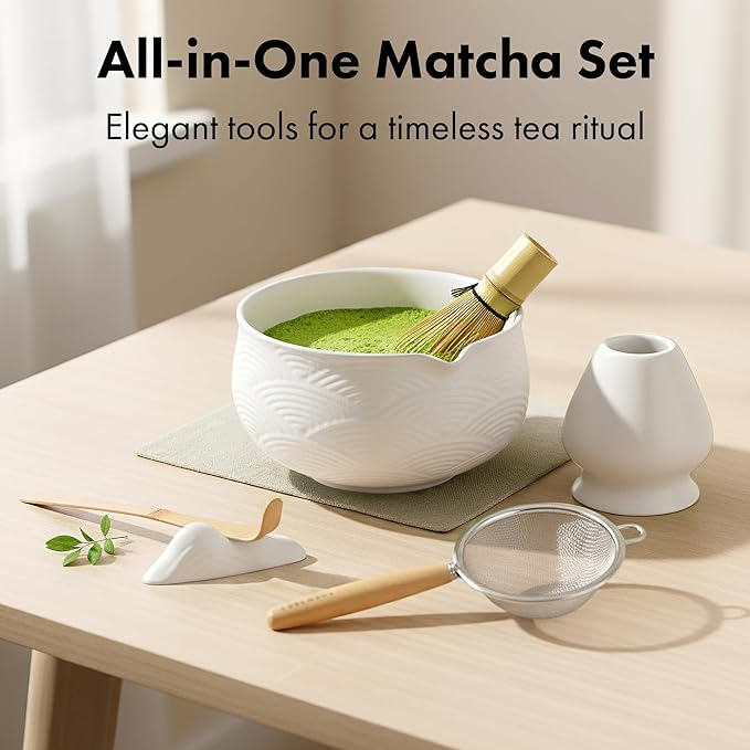 Matcha Kit Whisk Set (7 Pcs) - Complete Matcha Set, Matcha Bowl with with Bowl, Whisk and Holder, Bamboo Spoon/Scoop, Scoop Rester and Sifter incl. Booklet