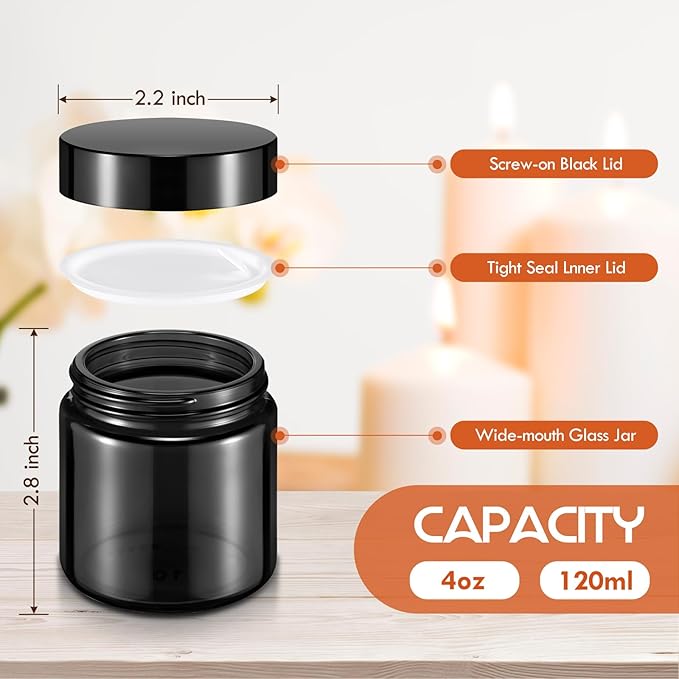 Norme 96 Pcs 4 oz Glass Jars with Lids Leakproof Round Airtight Empty Cosmetic Jars with Inner Liners Lid for Storing Lotions Powder Ointments Candle Making Tins (Black)