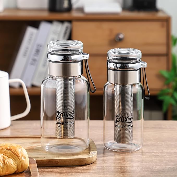 Glass Cold Brew Coffee Maker with Extended Fine Mesh Filter, Tea Infuser Bottle Iced Coffee Maker with Thick Borosilicate Glass (500ml/17oz)