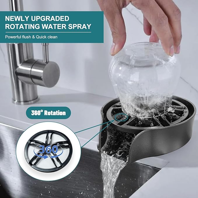 Glass Rinser for Kitchen Sink, High Pressure 360 Degree Rotating Spout Glass Rinser with Pull-out Spray Gun Design, Glass Cup Cleaner Sink Attachment Washer Baby Bottle, Glass Cup, Wine Glass (Black)