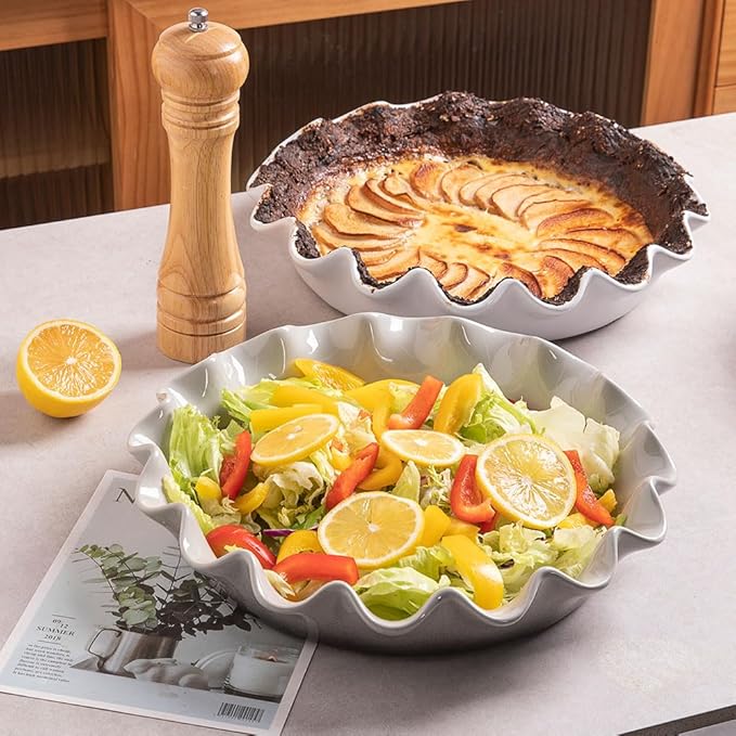 Sweejar Ceramic 11.5 Inches Pie Pan for Baking, Deep and Fluted Porcelain Round Pie Dish, Non-Stick Pie Plate for Pumpkin Pie, Apple Pie, Pie Pots with Morden Farmhouse Design(Beige)