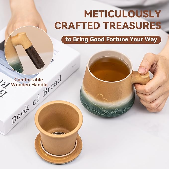 Tea Cup with Infuser and Lid 15oz - Kiln-Transformed Ceramic Mug with Mountain-Ocean Relief, Antique Bronze-Green Gradient & Wood Handle Tea Set