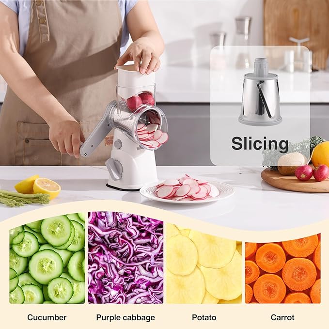 Rotary Cheese Grater, Kitchen Mandoline Vegetable Cheese Shredder with 3 Interchangeable Blades, Easy to Clean Rotary Grater Slicer with Handle,Kitchen Grater Grinder for Cutting Cheese,Vegetable,Nuts