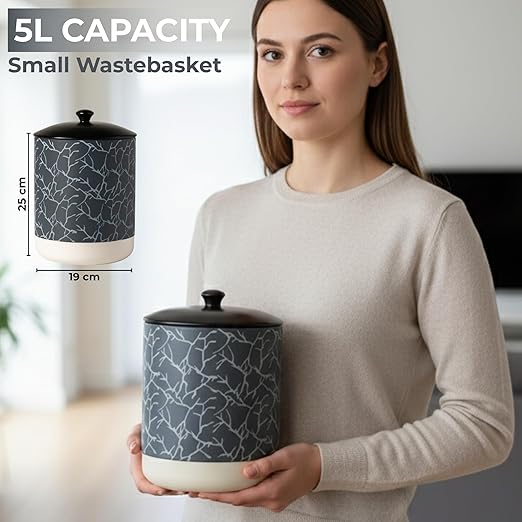 Escenzy Black Textured Bathroom Trash Can with Lid 5L | 7" x 10" | High End Small Garbage Can | Luxury Ceramic Waste Basket for Bathroom, Bedroom, Kitchen, Hotels or Living Room Decor | Ideal Gift