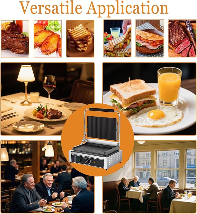CTJ Commercial Panini Press Stainless Steel Electric Sandwich Panini Maker 2200W Countertop Panini Grill Press with Grooved Top & Temp Control for Sandwich Hamburger Steak Bacon