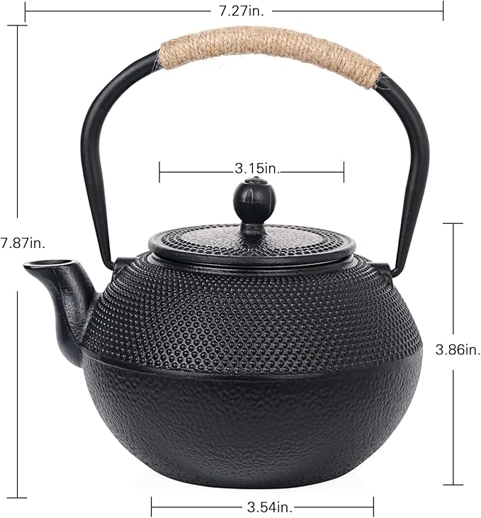 Sungmor Black Cast Iron Teapot, Japanese Tetsubin Tea Kettle for Loose Leaf, Durable Heat-Retaining Tea Set with Stainless Steel Infuser and Enameled Interior, 42 oz/1200 ml
