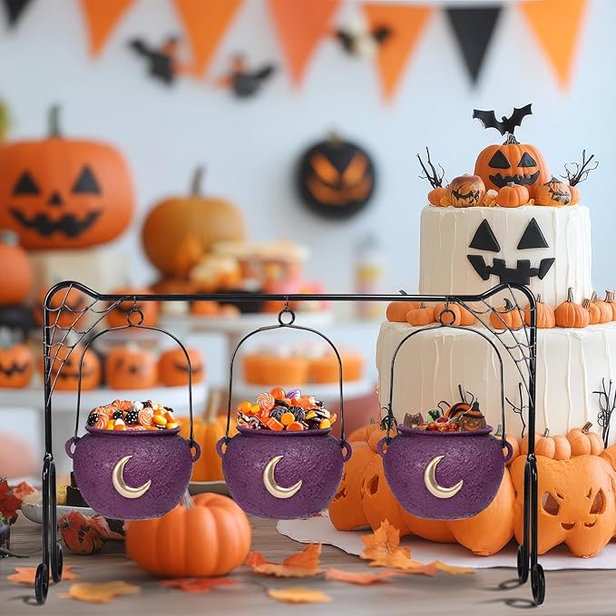 Halloween Decor Halloween Party Decorations Set of 3 Witches Cauldron Serving Bowls on Rack Black Resin Cauldron for Indoor Home Kitchen Decoration Purple Moon