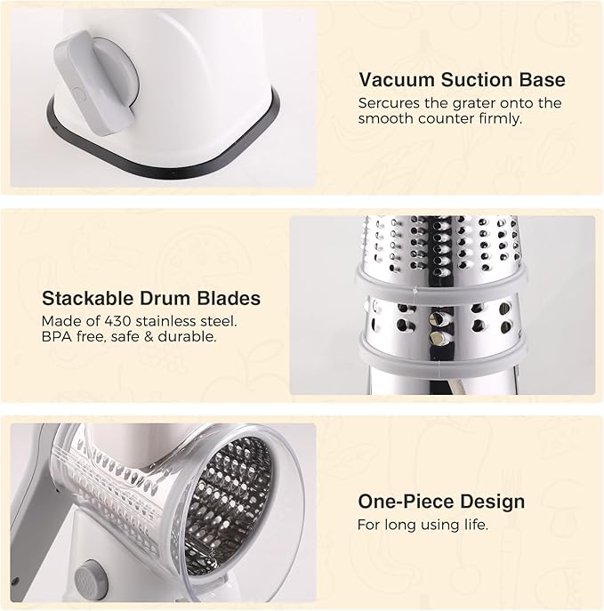 Rotary Cheese Grater, Kitchen Mandoline Vegetable Cheese Shredder with 3 Interchangeable Blades, Easy to Clean Rotary Grater Slicer with Handle,Kitchen Grater Grinder for Cutting Cheese,Vegetable,Nuts