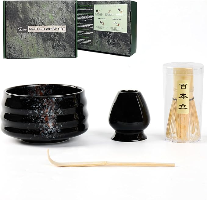 Sisher Matcha Tea Set,Matcha Making Kit (5pcs) Includes Matcha Bowl, Matcha Whisk and Holder, Bamboo Scoop, Scoop Rest and Sifter Matcha Bowl Set for Matcha Lovers (Black)