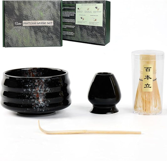 Sisher Matcha Tea Set,Matcha Making Kit (5pcs) Includes Matcha Bowl, Matcha Whisk and Holder, Bamboo Scoop, Scoop Rest and Sifter Matcha Bowl Set for Matcha Lovers (Black)