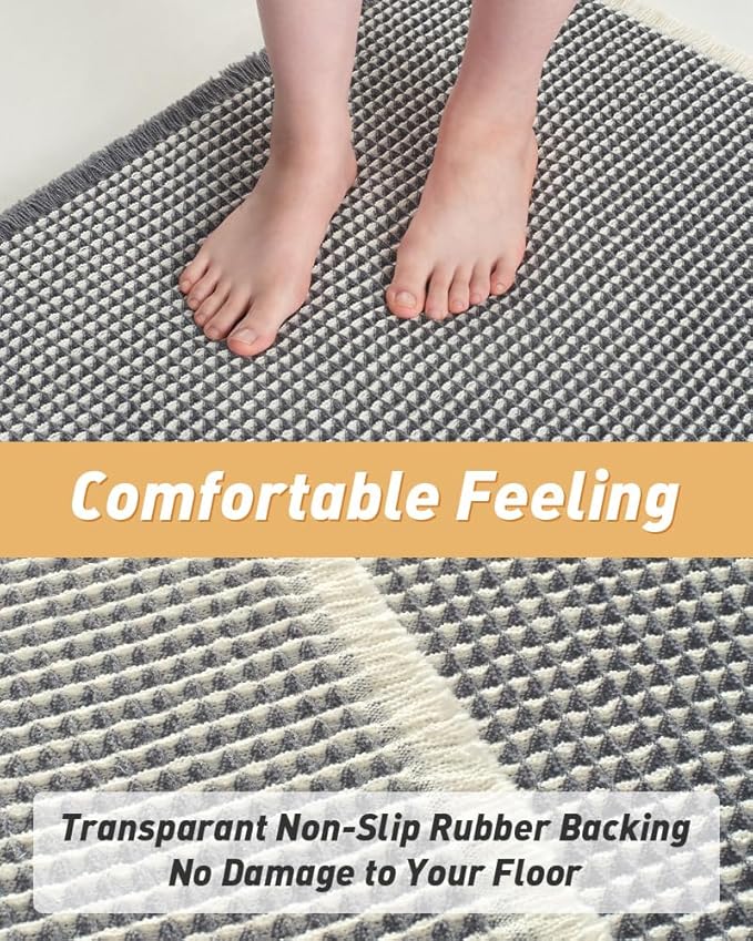 Upgraded Waffle Runner Rug Super Absorbent Non Slip Bath Mats for Bathroom Machine Washable Bathroom Runner Rug with Tassels, Ideal for Hallway Bedroom Laundry Room, 17" x 72", DarkGrey & Cream