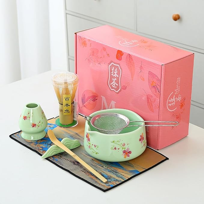 Matcha Set 7-Piece matcha whisk set，matcha set Kit, 1matcha whisk, 1 Scoops, Strainer, macha whisk set green matcha kit