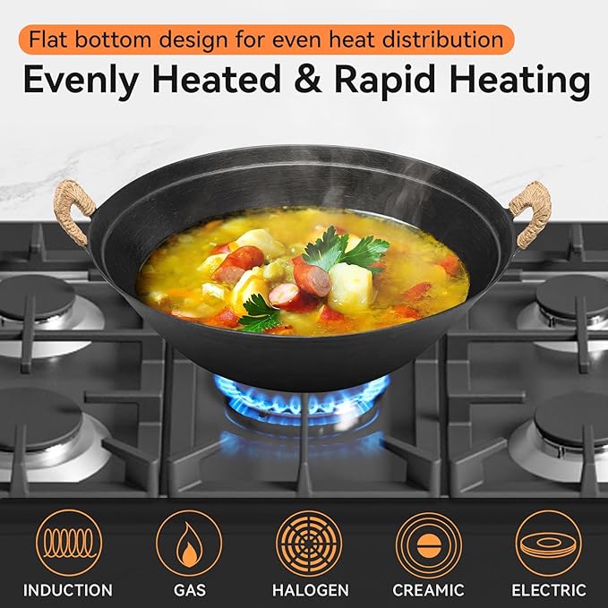 WANGYUANJI Traditional 14.2" Iron Wok – Versatile Stir-Fry Pan with Dual Handles, Wooden Lid & Stainless Steel Spatula