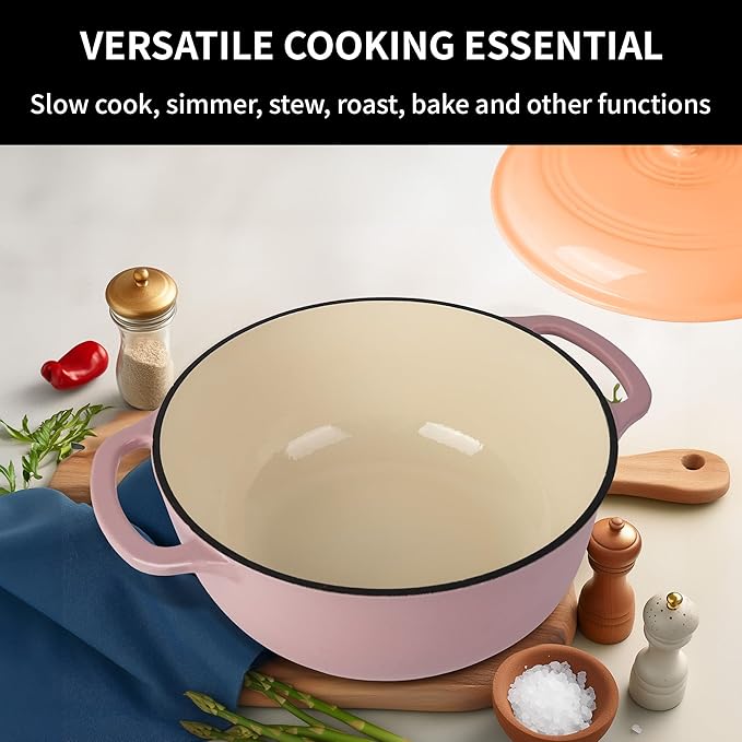 Premium Enameled Cast Iron Dutch Oven for Bread Baking | Non-Stick 2QT Oval Bread Oven with Lid | Perfect for Sourdough, Loaf, and Artisan Baking (Round Pink, 5.5 QT)