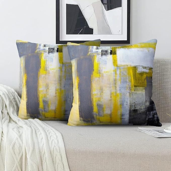 Yellow and Grey Abstract Art Artwork Pillow Cover, Gallery Modern Decorative Throw Pillows Cushion Cover for Bedroom Sofa Living Room 22 x 22 Inch Set of 2