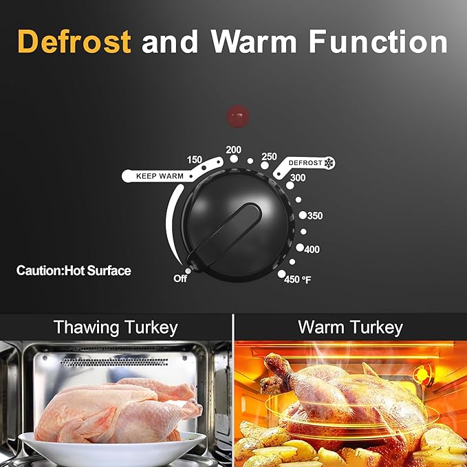 Roaster Oven, Electric Roaster Oven with Viewing Lid, Large Roaster with Removable Pan & Rack, Turkey Roaster with Unique Defrost/Warm Function, Stainless Steel, Black, 18QT