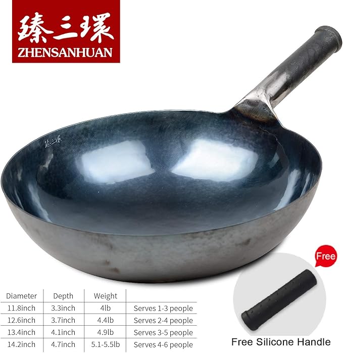 臻三环 ZhenSanHuan Chinese Hand Hammered Iron Woks and Stir Fry Pans, Non-stick, No Coating, Carbon Steel Pow (34CM, Blue Black - Seasoned)
