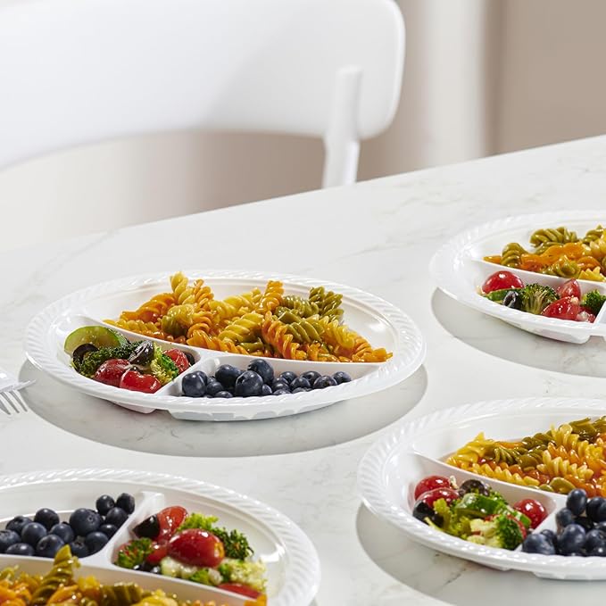 PLASTICPRO 9 inch Round Plastic Plates 3 Compartment - 3 Section Plates Microwaveable, Disposable, White, Dinnerware 400 Count